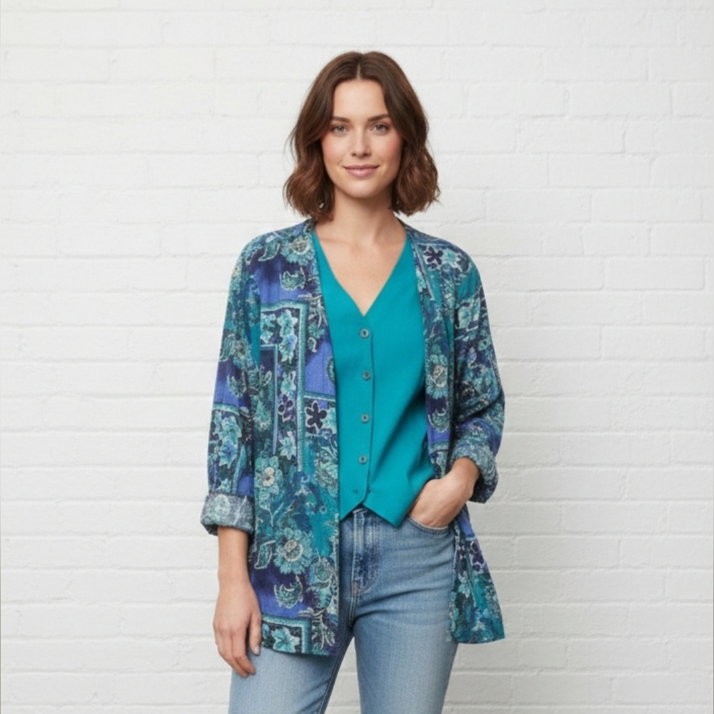 Vintage Alfred Dunner Blouse Layered Blue Retro Boho Casual Office 12